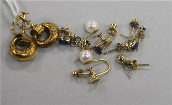 A pair of Edwardian 9ct gold hoop earrings, six other pairs of assorted ear studs and two singles.